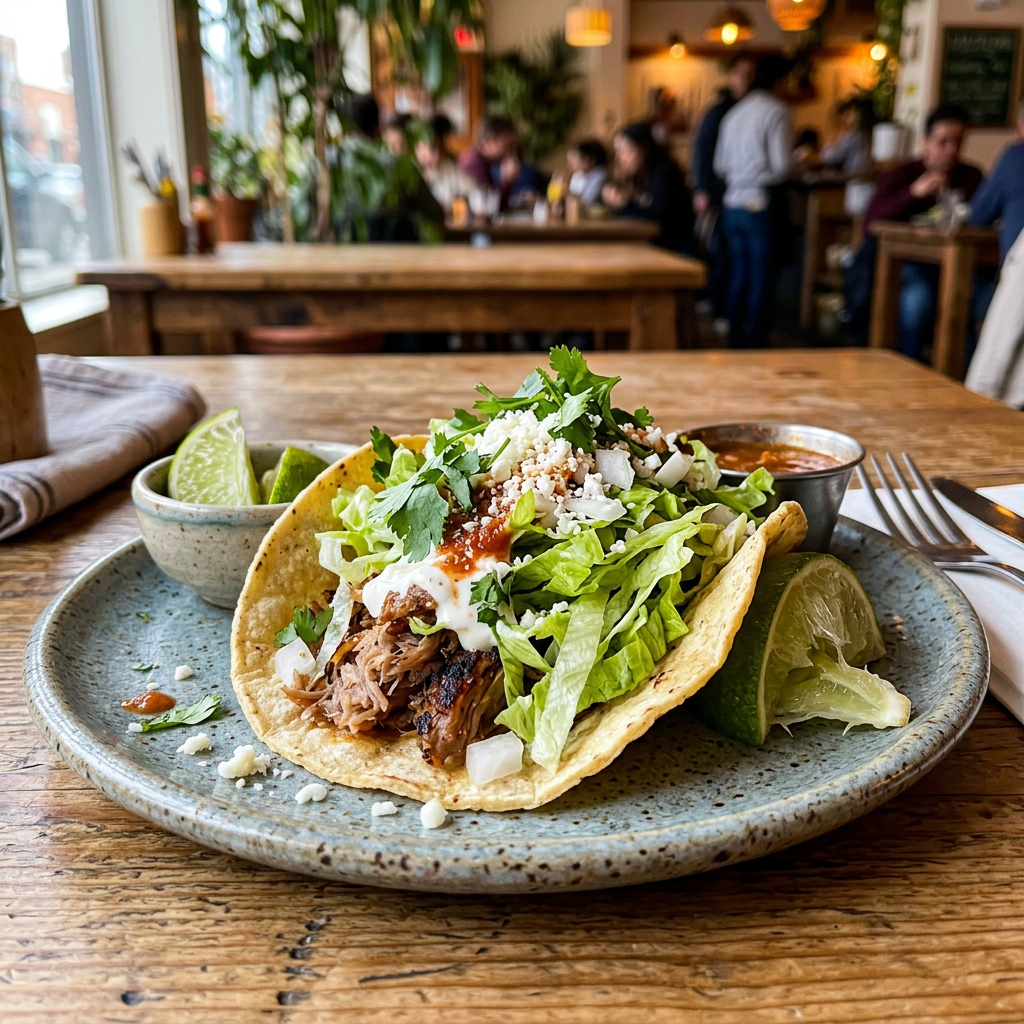 Pulled pork taco with lettuce, cheese, onions, cilantro, lime wedges, and salsa