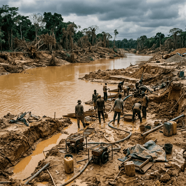 Miners use pumps and sluice boxes beside a muddy river in a deforested forest.